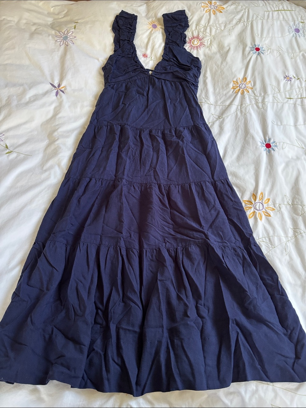 Navy Ruffled Strap Maxi Dress